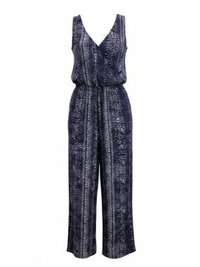 Japna Sleeveless Jumpsuit Smoky Blue & White Print Pockets size Medium NWT